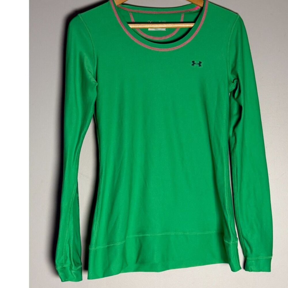 Under Armour Large Green Pink Fitted Long Sleeve Athletic Top Running Tee
